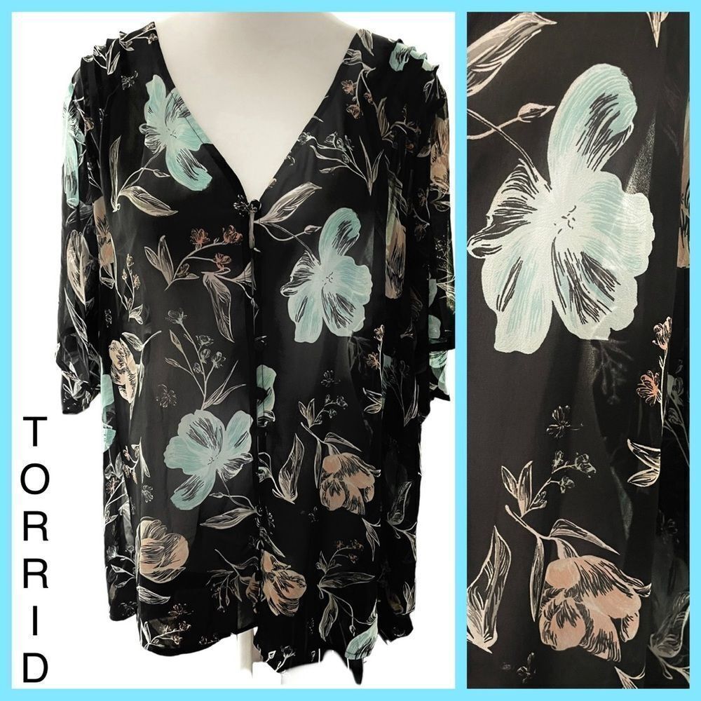 Torrid Women's Sheer Black Floral Chiffon Blouse, Size 2 V-Neck
